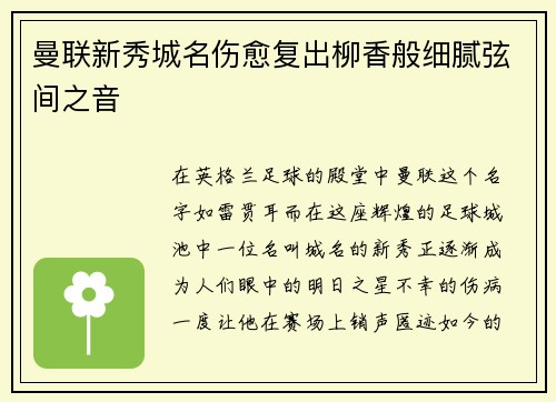 曼联新秀城名伤愈复出柳香般细腻弦间之音