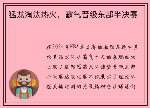 猛龙淘汰热火，霸气晋级东部半决赛